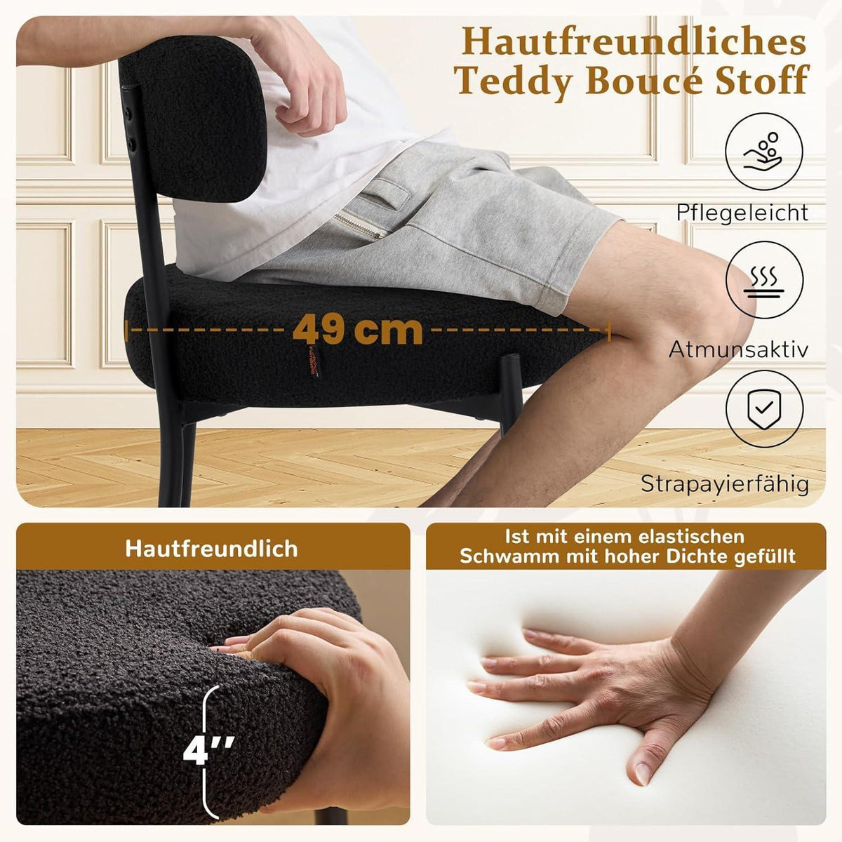 Esszimmerstühle 2er Set mit Teddy Boucle Stoff & Metallbeinen Schwarz