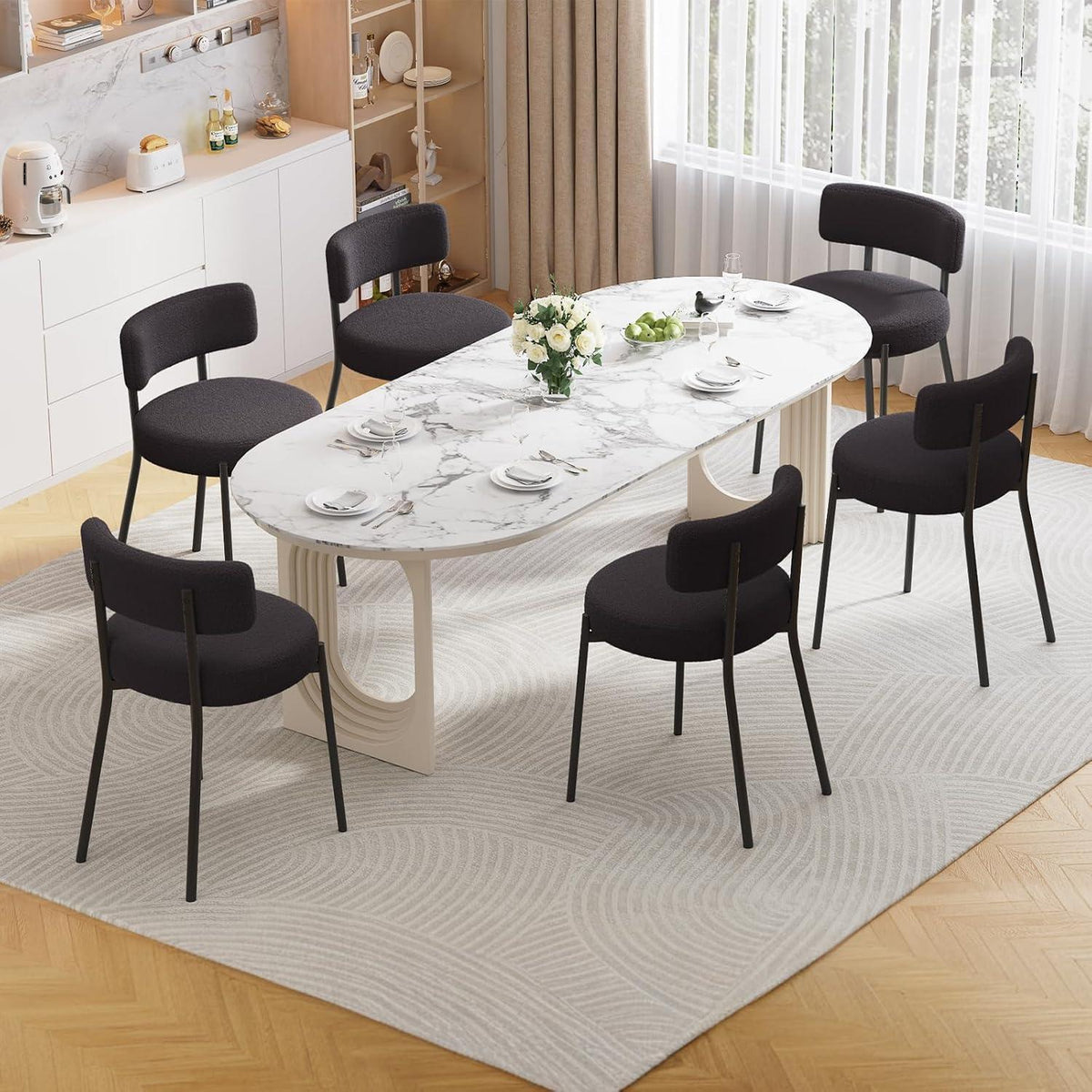 Esszimmerstühle 2er Set mit Teddy Boucle Stoff & Metallbeinen Schwarz