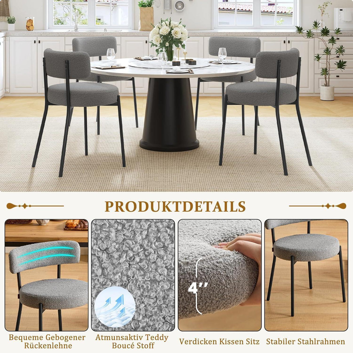Esszimmerstühle Set 4 – Bequeme Bouclé Stühle Grau