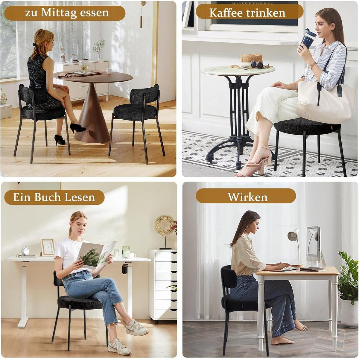Esszimmerstühle 6er Set mit Teddy Boucle Stoff & Metallbeinen Schwarz