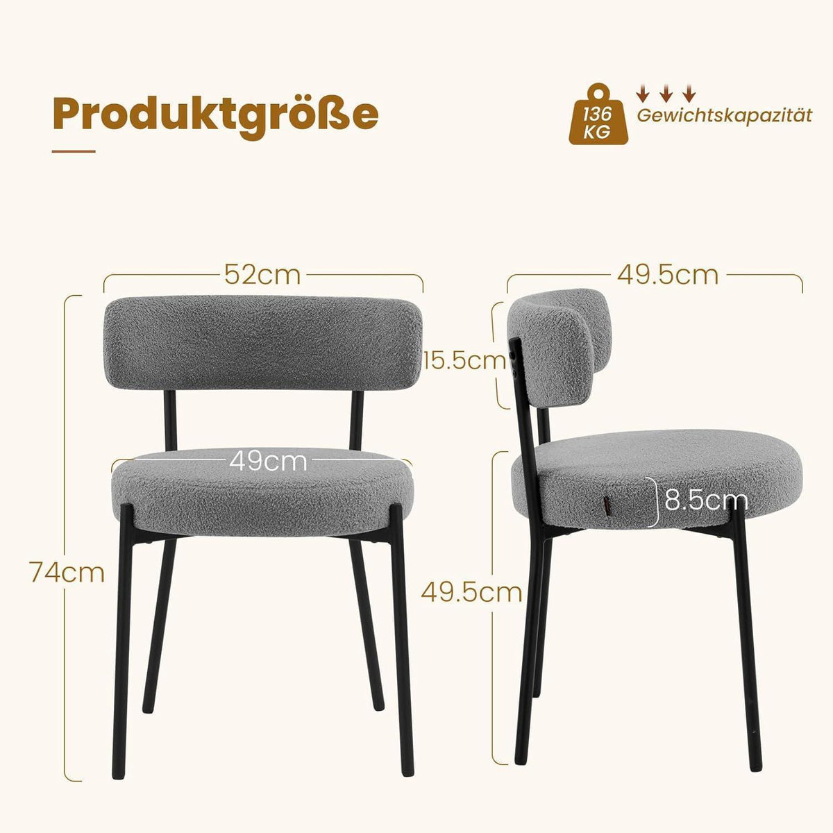 Esszimmerstühle 6er Set mit Boucle Stoff & Metallbeinen Grau