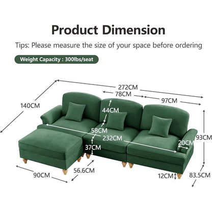 Mittelalter Ecksofa L-Formig, 3-Sitzer mit Ottomane, Grün