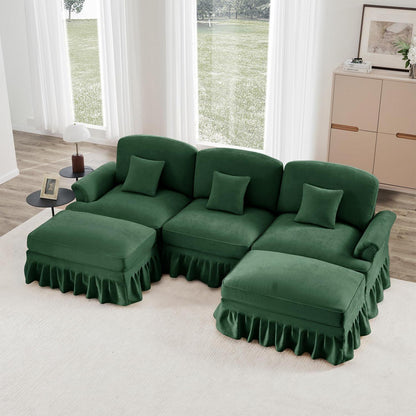 Mittelalter Ecksofa 3-Sitzer mit Ottomane & Rüschenschürze, Grün