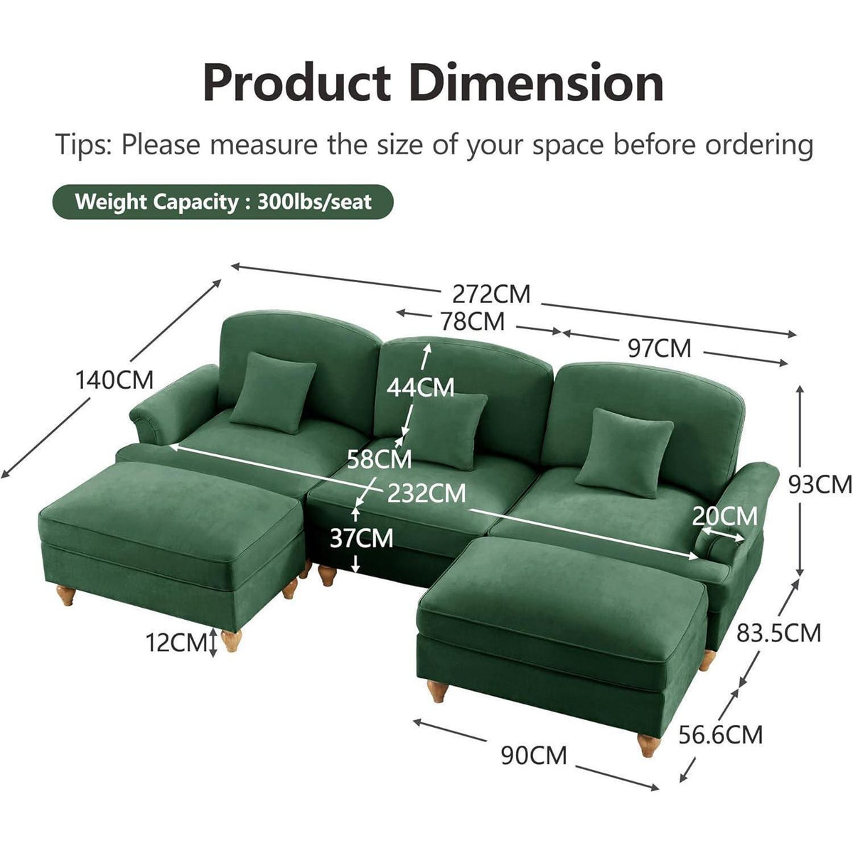 Mittelalter Ecksofa 3-Sitzer mit Ottomane & Rüschenschürze, Grün