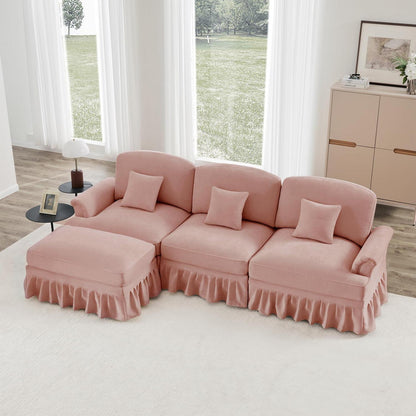 L-förmiges Ecksofa Mittelalter Stil Rosa mit Ottomane & Rüschenschürze
