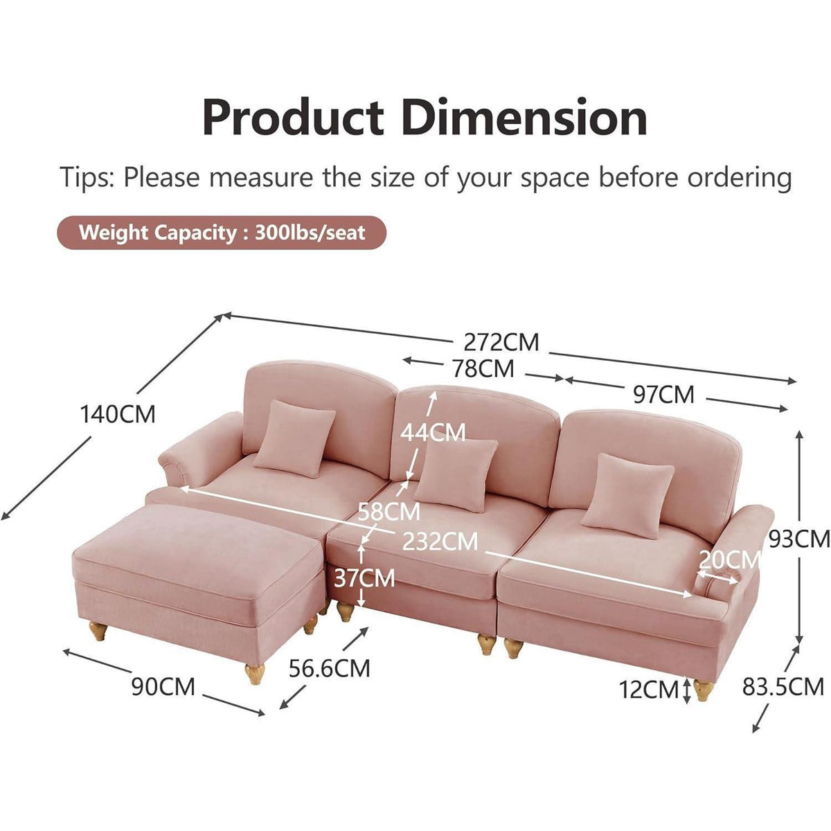 L-förmiges Ecksofa Mittelalter Stil Rosa mit Ottomane & Rüschenschürze