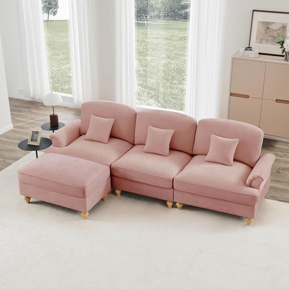 L-förmiges Ecksofa Mittelalter Stil Rosa mit Ottomane & Rüschenschürze