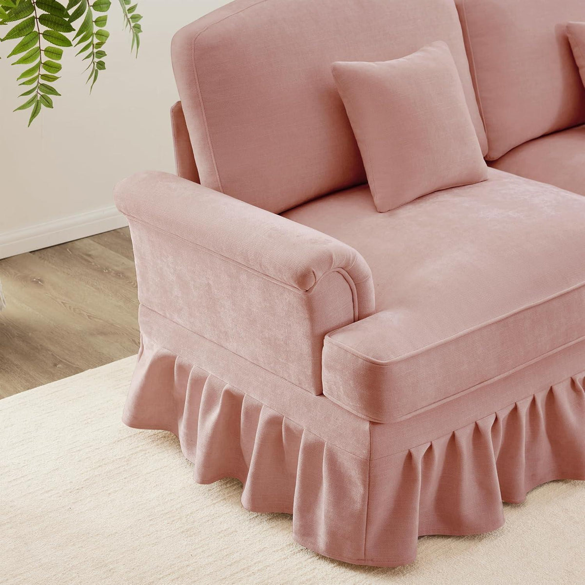 L-förmiges Ecksofa Mittelalter Stil Rosa mit Ottomane & Rüschenschürze