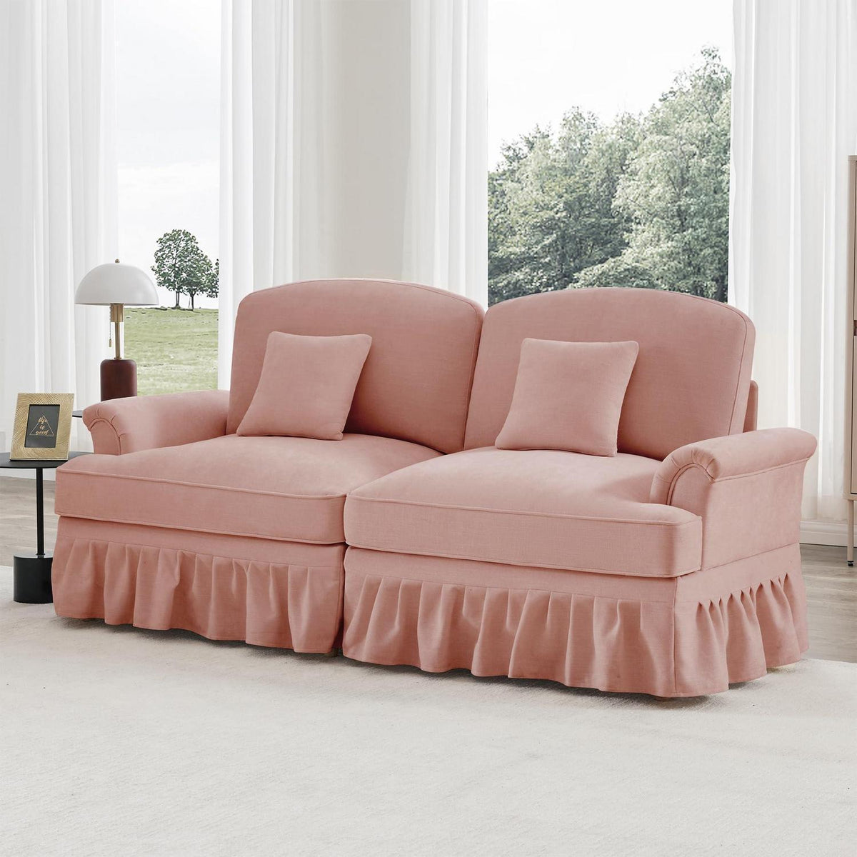 2-Sitzer Sofa Mittelalter-Modern Rosa mit Rüschenschürze & Kissen