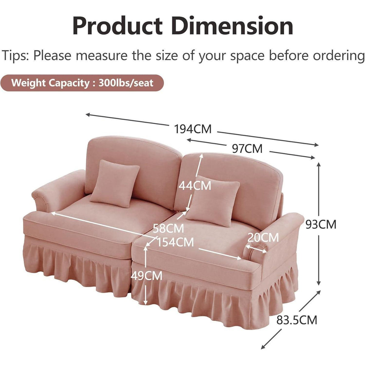 2-Sitzer Sofa Mittelalter-Modern Rosa mit Rüschenschürze & Kissen