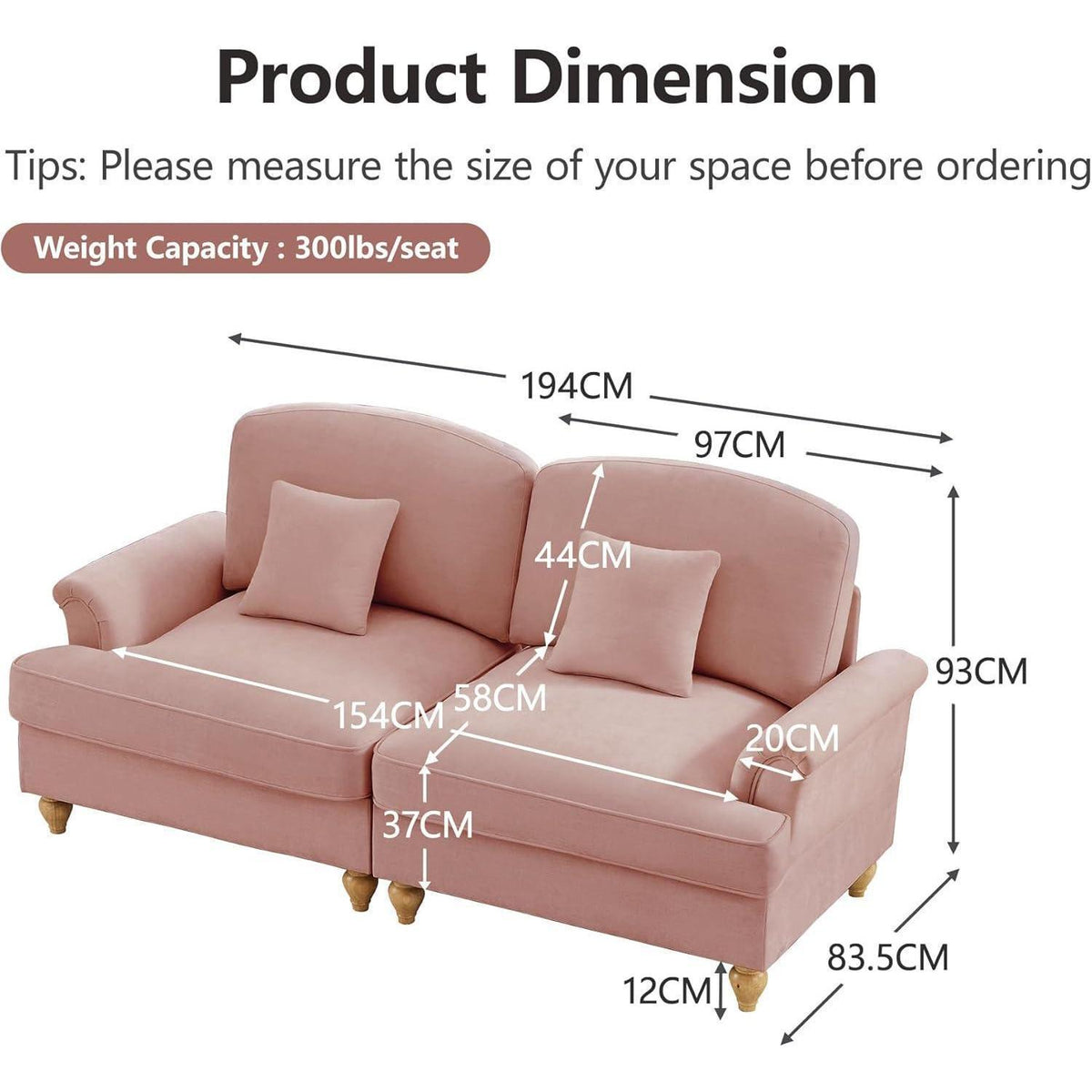 2-Sitzer Sofa Mittelalter-Modern Rosa mit Rüschenschürze & Kissen