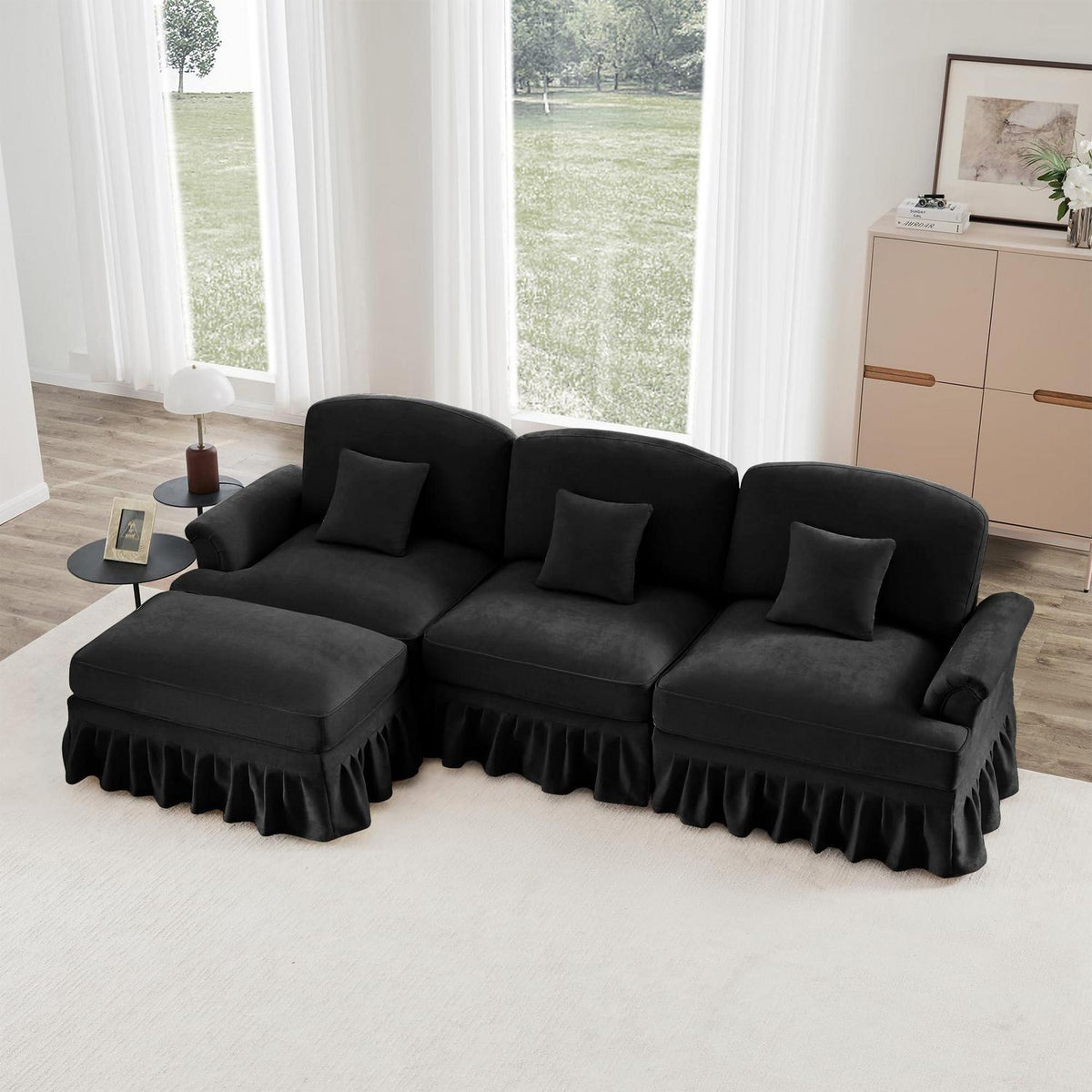 Mittelalter Ecksofa L-Formig mit Ottomane & Rüschenschürze Schwarz