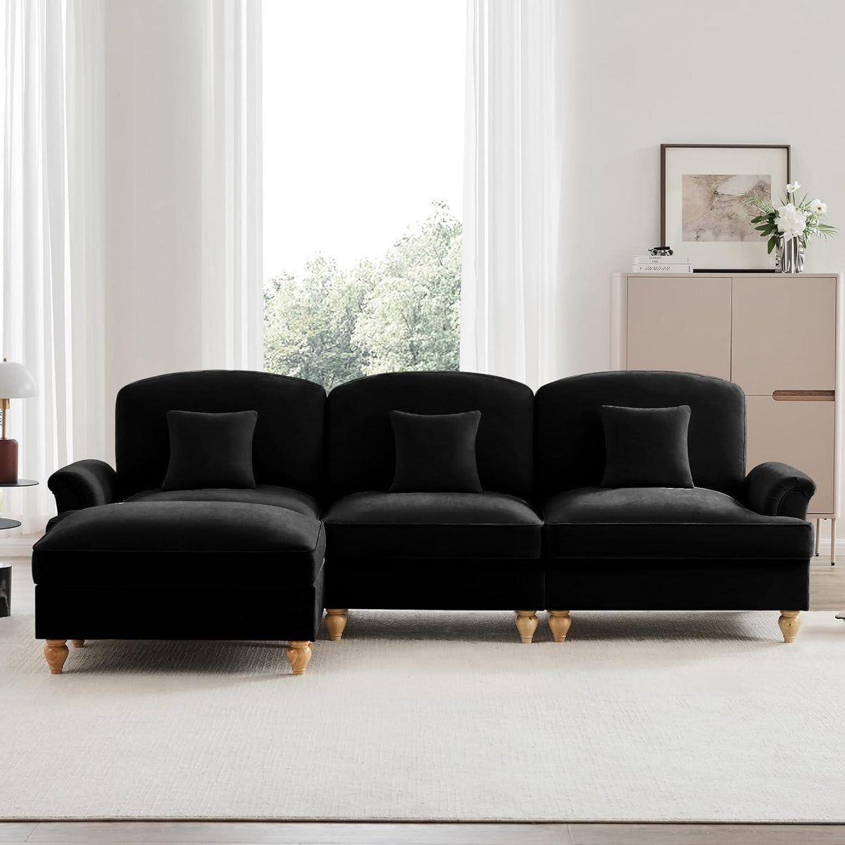 Mittelalter Ecksofa L-Formig mit Ottomane & Rüschenschürze Schwarz