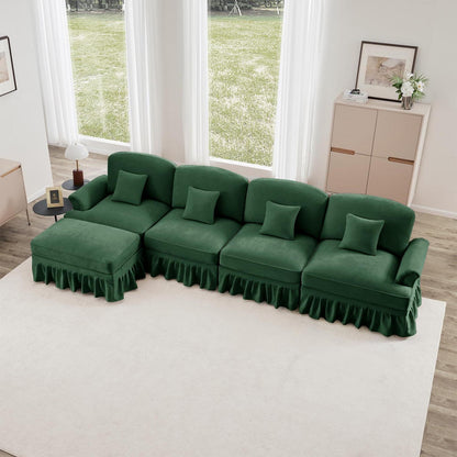 L-förmiges Ecksofa Mittelalter Stil, 4-Sitzer & Ottomane, Grün
