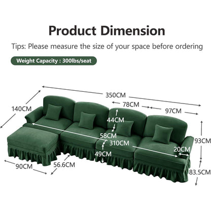 L-förmiges Ecksofa Mittelalter Stil, 4-Sitzer & Ottomane, Grün