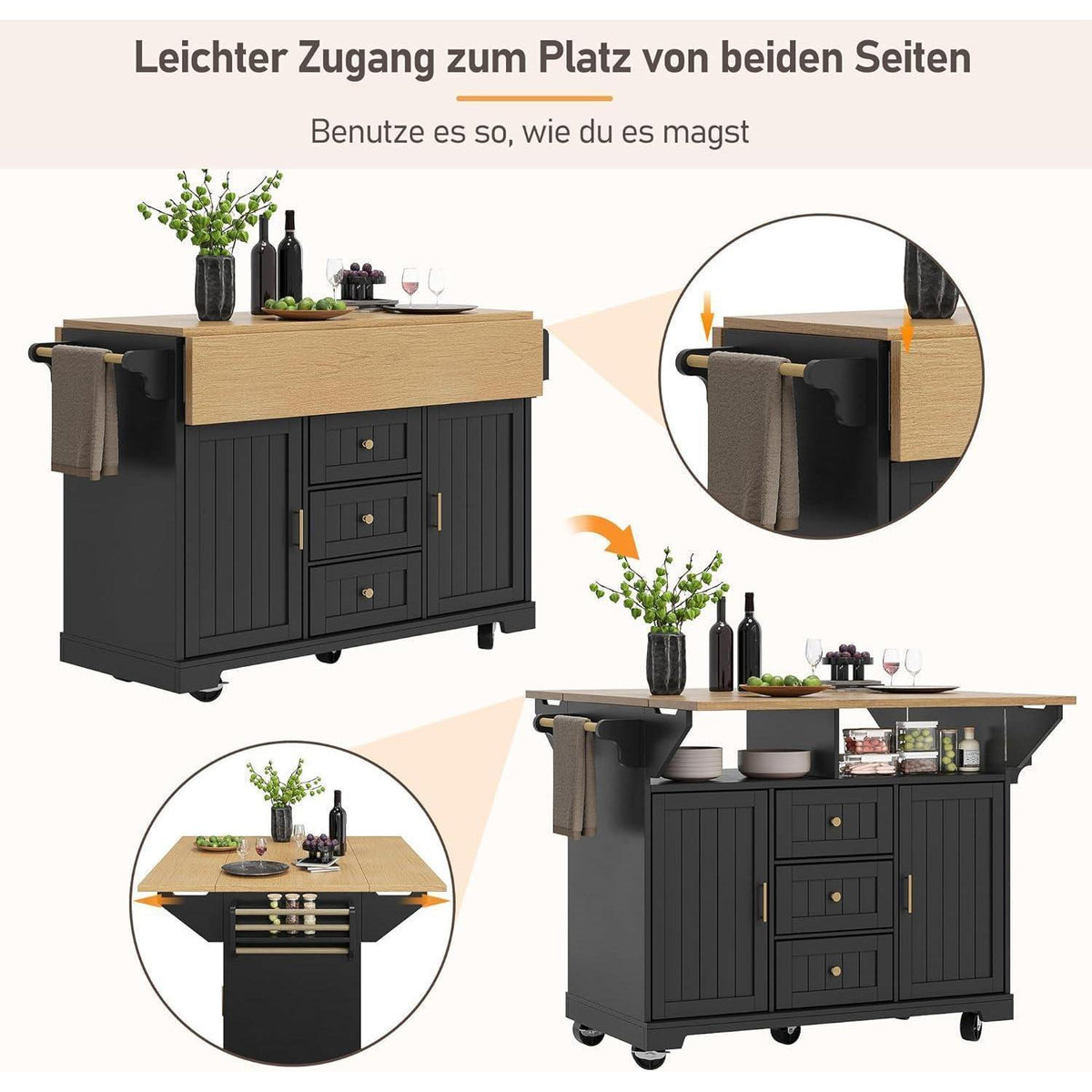 Küchenwagen mit Klapptisch & Schubladen – Schwarz