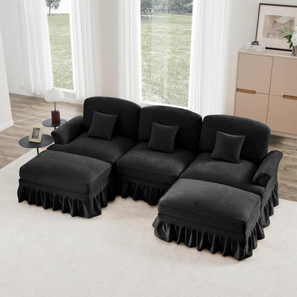 Mittelalter Ecksofa 3-Sitzer mit Ottomane & Rüschenschürze Schwarz