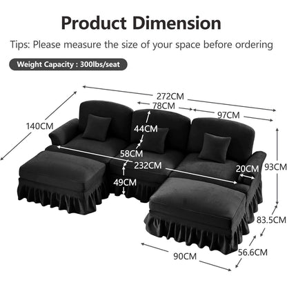 Mittelalter Ecksofa 3-Sitzer mit Ottomane & Rüschenschürze Schwarz