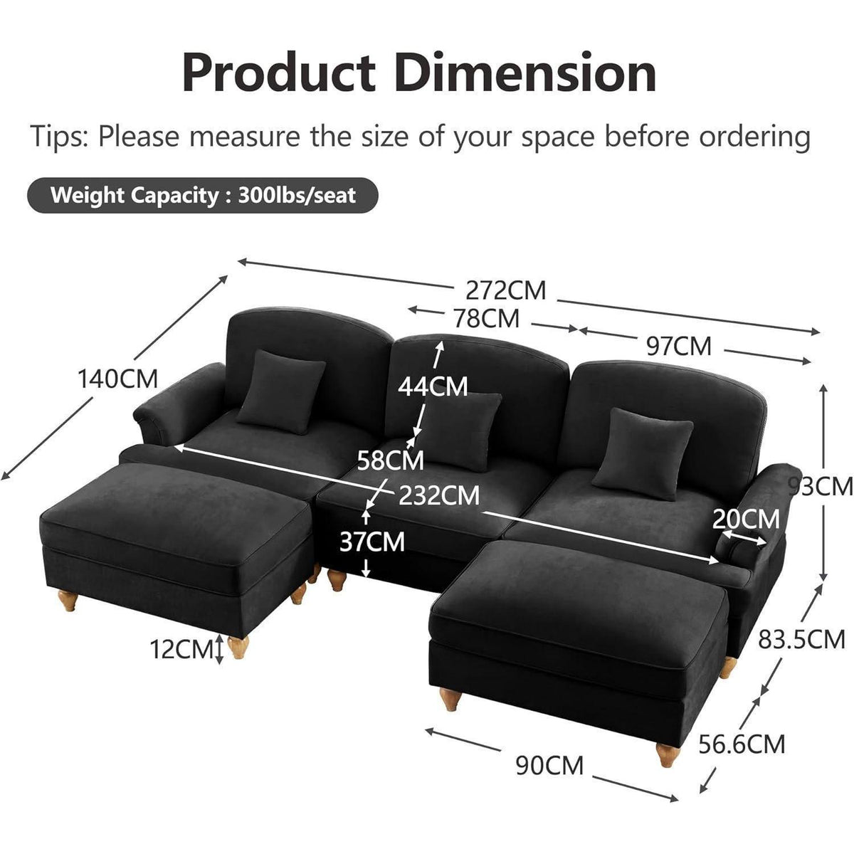 Mittelalter Ecksofa 3-Sitzer mit Ottomane & Rüschenschürze Schwarz
