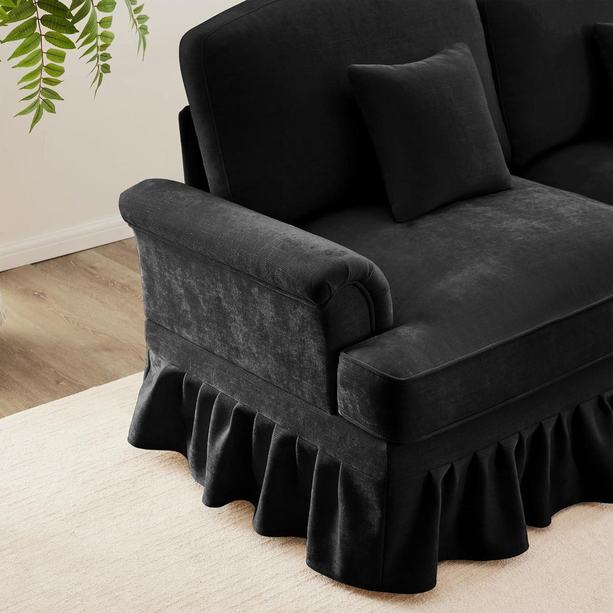 Mittelalter Ecksofa 3-Sitzer mit Ottomane & Rüschenschürze Schwarz