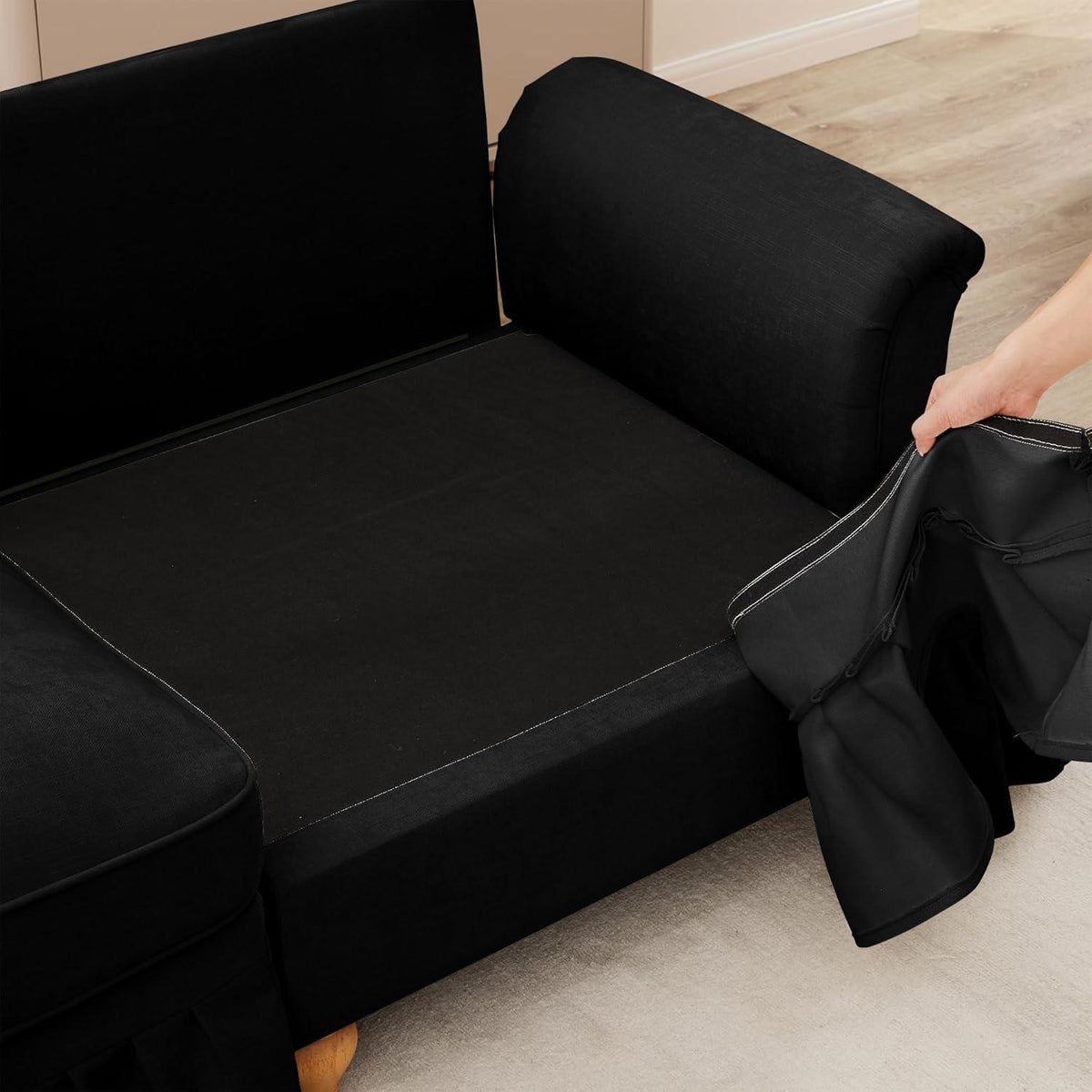 Mittelalter Ecksofa 3-Sitzer mit Ottomane & Rüschenschürze Schwarz