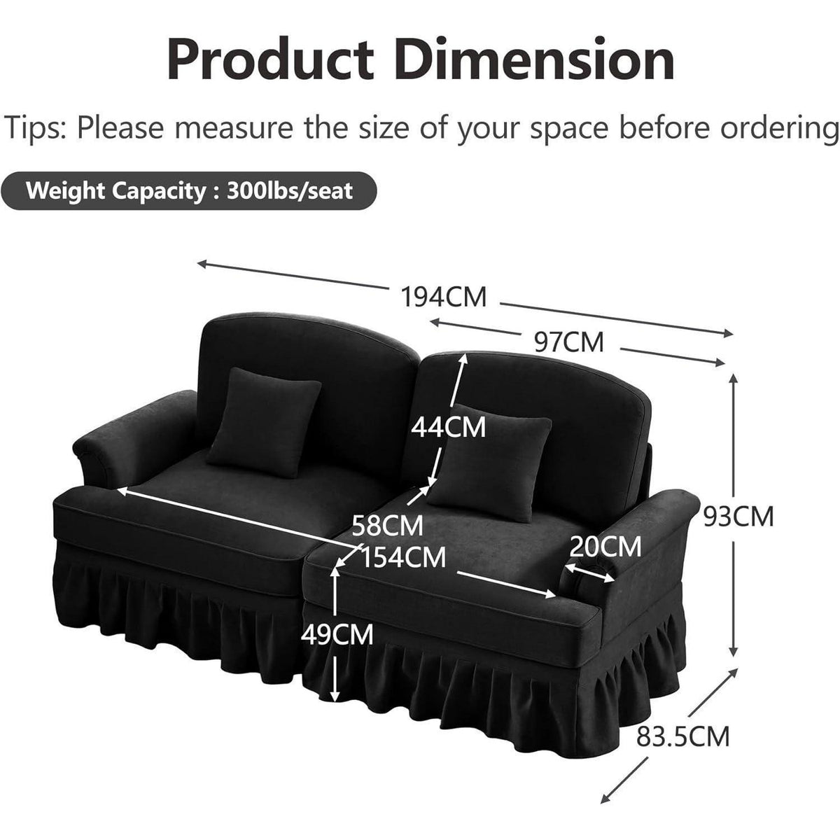 2-Sitzer Sofa Mittelalter-Modern | Abnehmbare Rüschenschürze & Kissen | Schwarz