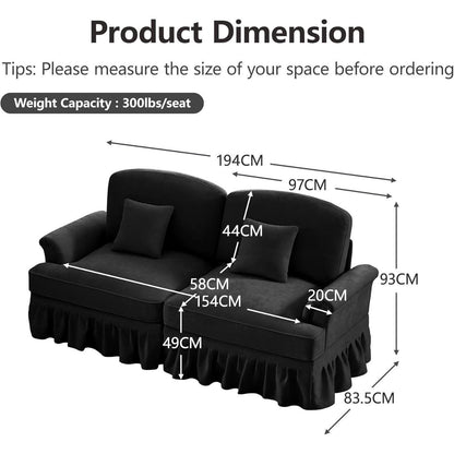 2-Sitzer Sofa Mittelalter-Modern | Abnehmbare Rüschenschürze & Kissen | Schwarz