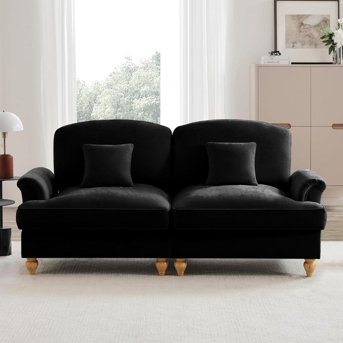 2-Sitzer Sofa Mittelalter-Modern | Abnehmbare Rüschenschürze & Kissen | Schwarz
