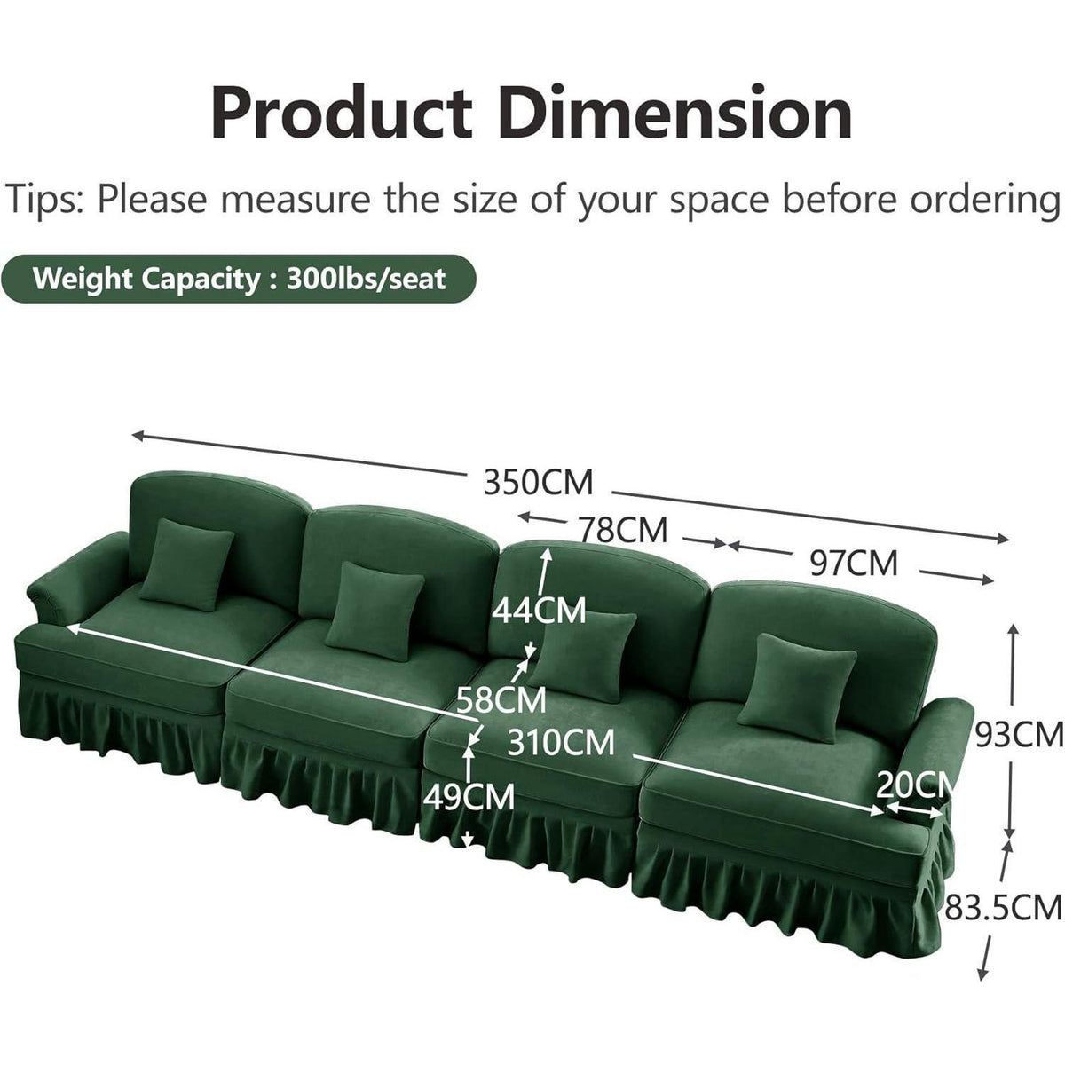 4-Sitzer Sofa Mittelalter-Modern, Grün mit Rüschenschürze & Kissen