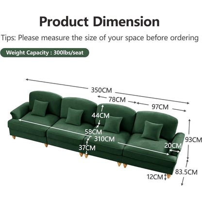4-Sitzer Sofa Mittelalter-Modern, Grün mit Rüschenschürze & Kissen