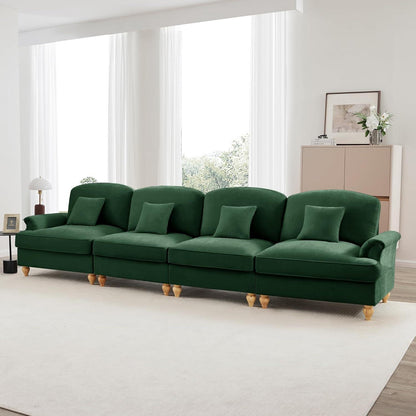4-Sitzer Sofa Mittelalter-Modern, Grün mit Rüschenschürze & Kissen