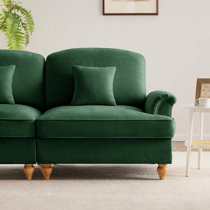4-Sitzer Sofa Mittelalter-Modern, Grün mit Rüschenschürze & Kissen
