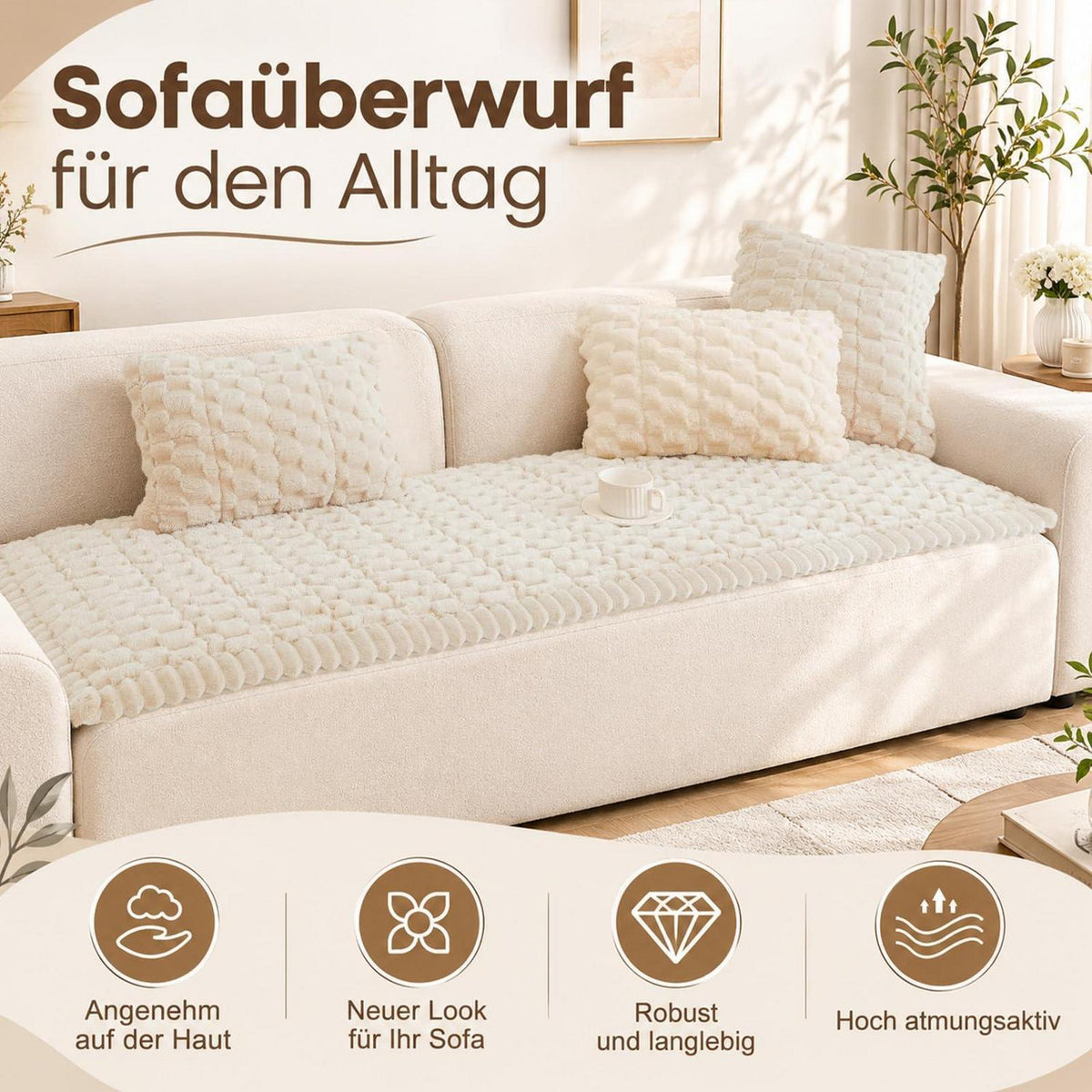 Sofaschoner Plüsch rutschfest 70x150cm Beige Waschbar