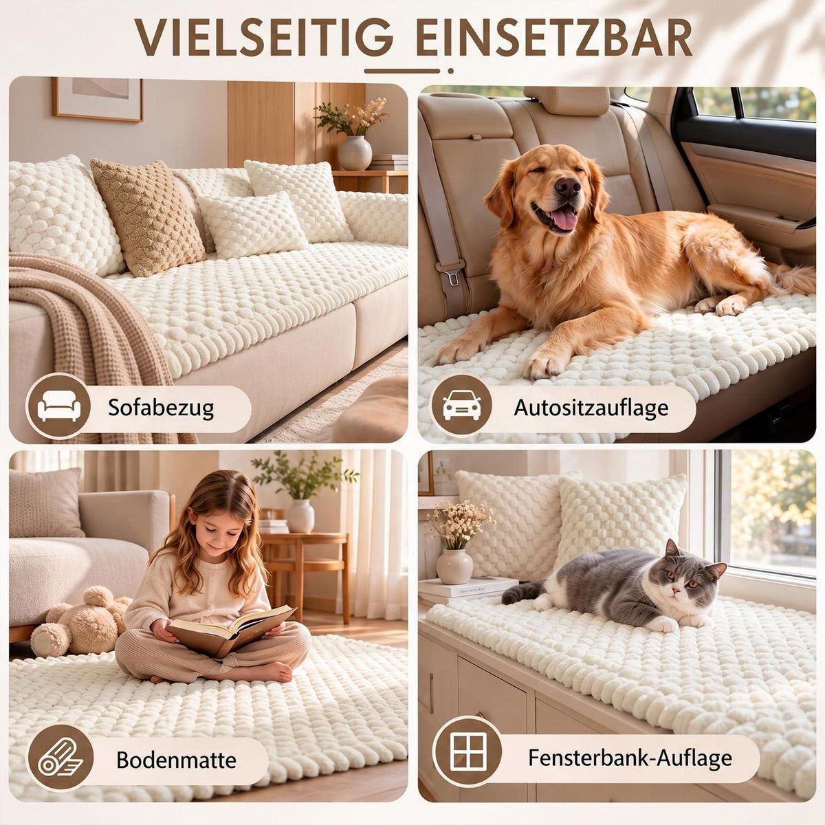 Sofaschoner Plüsch rutschfest 70x150cm Beige Waschbar