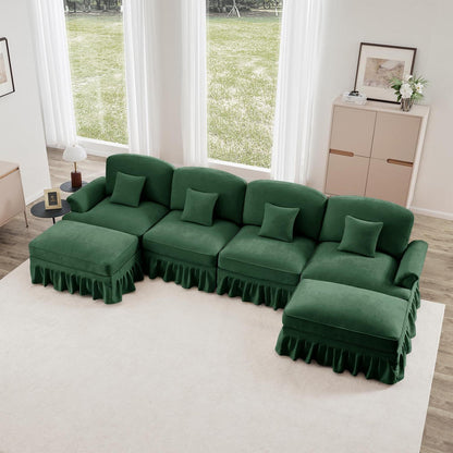 Mittelalter Ecksofa 4-Sitzer mit Ottomane & Rüschenschürze, Grün