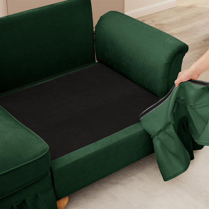 Mittelalter Ecksofa 4-Sitzer mit Ottomane & Rüschenschürze, Grün