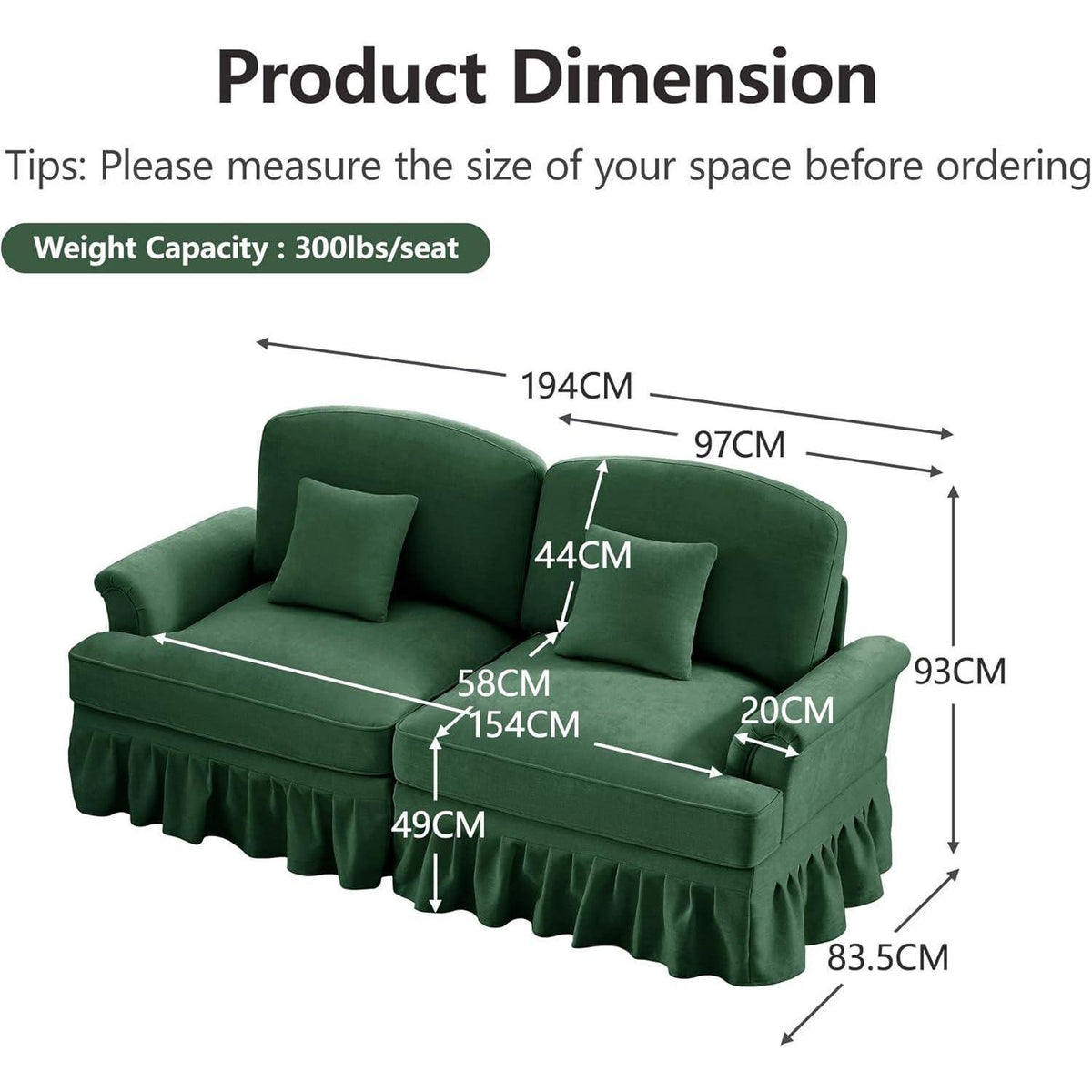 2-Sitzer Sofa Mittelalter-Modern, Grün mit Rüschenschürze