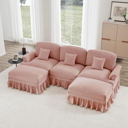 Mittelalter Ecksofa U-Formig 3-Sitzer Rosa mit Ottomane & Rüschenschürze