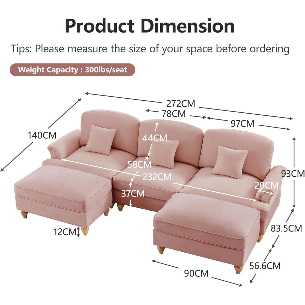 Mittelalter Ecksofa U-Formig 3-Sitzer Rosa mit Ottomane & Rüschenschürze