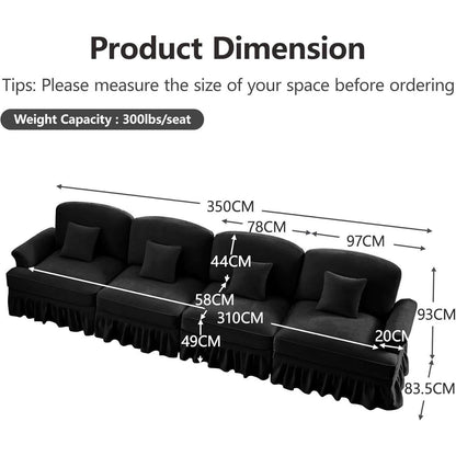 4-Sitzer Sofa Mittelalter-Modern Stil mit Rüschenschürze & Kissen Schwarz