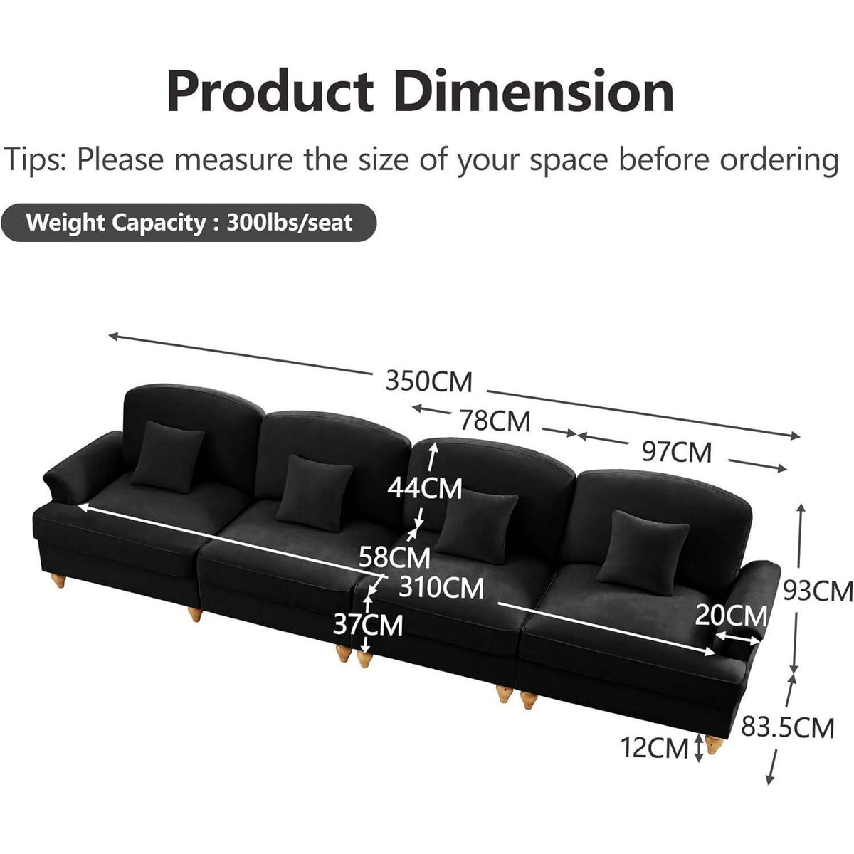 4-Sitzer Sofa Mittelalter-Modern Stil mit Rüschenschürze & Kissen Schwarz