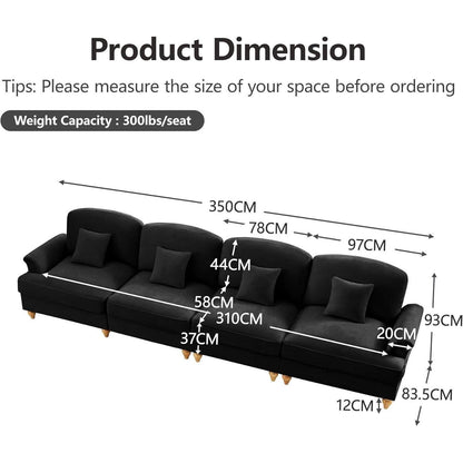 4-Sitzer Sofa Mittelalter-Modern Stil mit Rüschenschürze & Kissen Schwarz