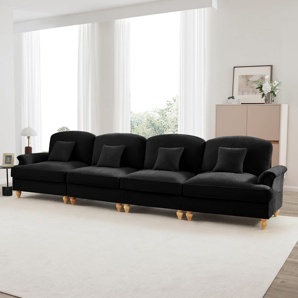 4-Sitzer Sofa Mittelalter-Modern Stil mit Rüschenschürze & Kissen Schwarz
