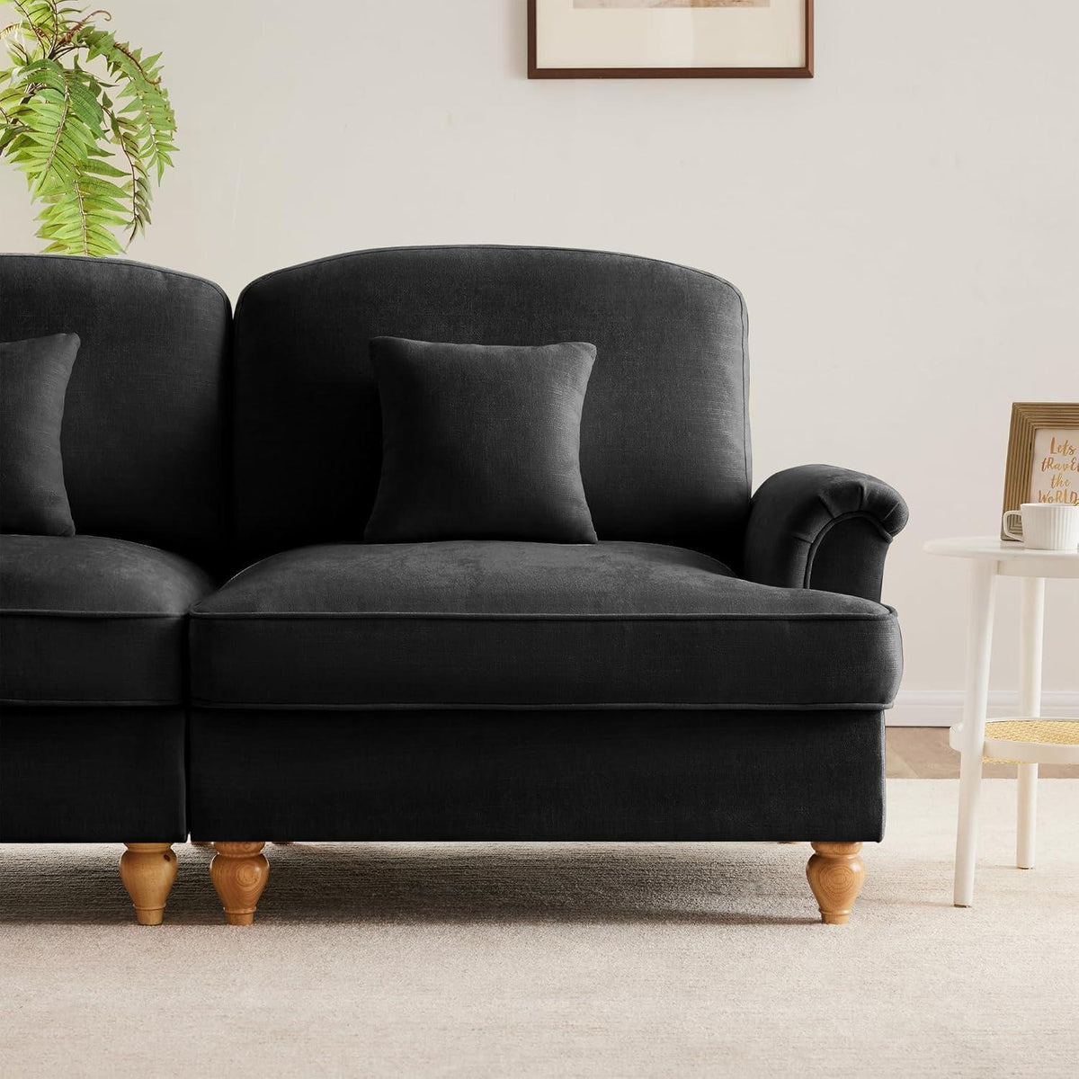 4-Sitzer Sofa Mittelalter-Modern Stil mit Rüschenschürze & Kissen Schwarz