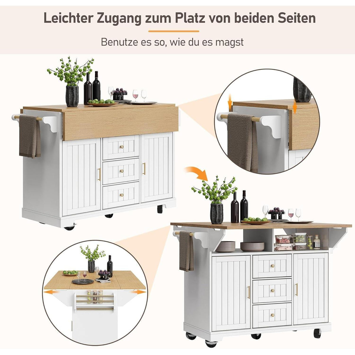 Küchenwagen mit Klapptisch & Schubladen – Weiß