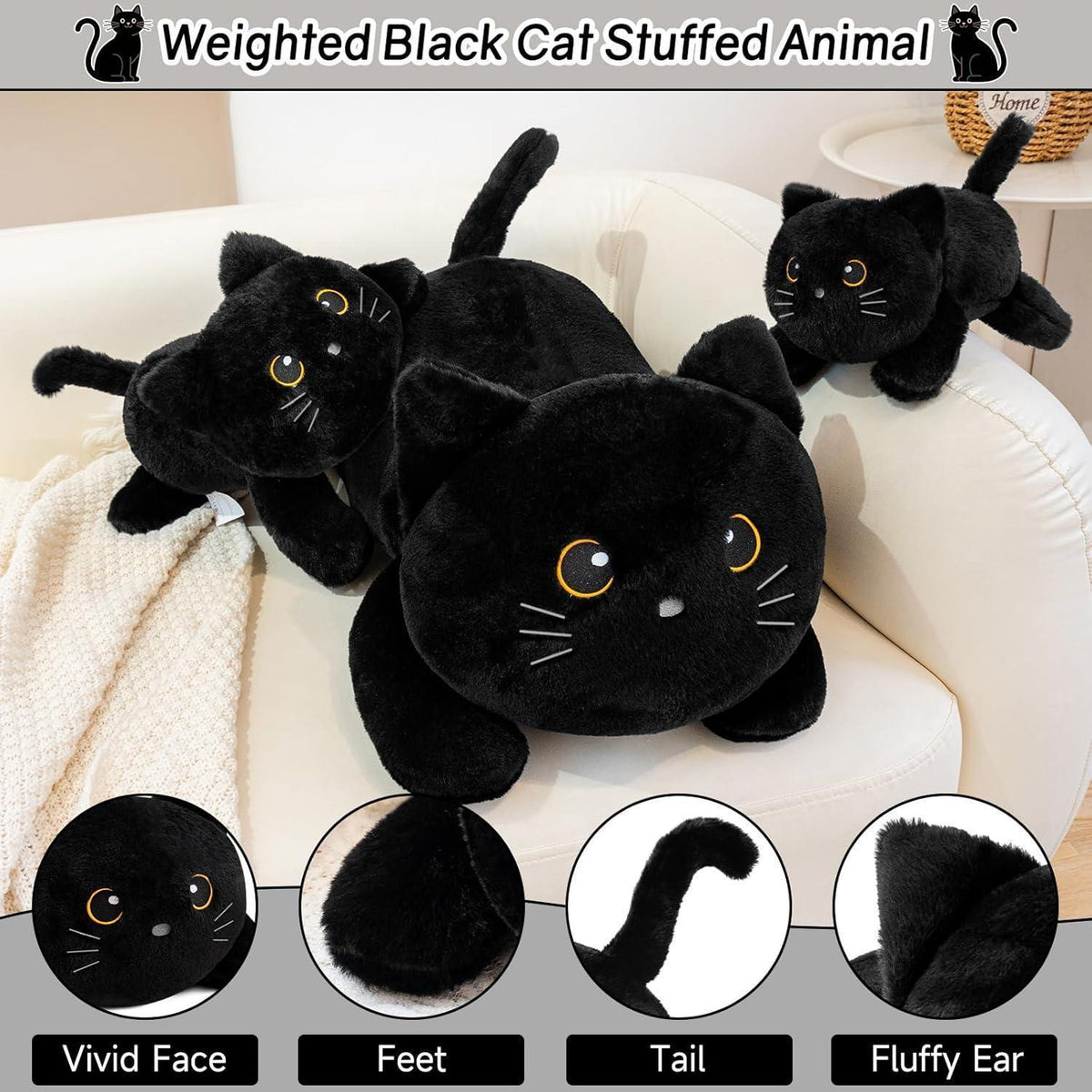 Gewichtete Katze Kuscheltier 60cm - Schwarze Plüschkatze zum Kuscheln