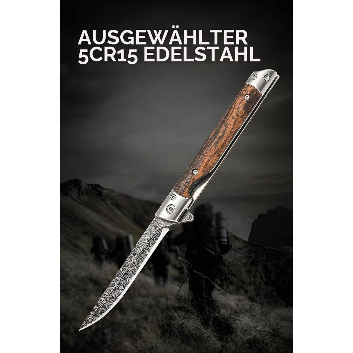Damast Taschenmesser Outdoor – Edelstahl Klappmesser mit Ledertasche