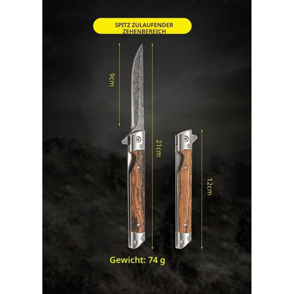 Damast Taschenmesser Outdoor – Edelstahl Klappmesser mit Ledertasche