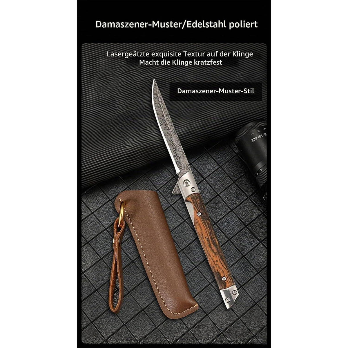 Damast Taschenmesser Outdoor – Edelstahl Klappmesser mit Ledertasche