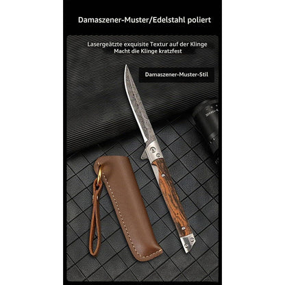 Damast Taschenmesser Outdoor – Edelstahl Klappmesser mit Ledertasche